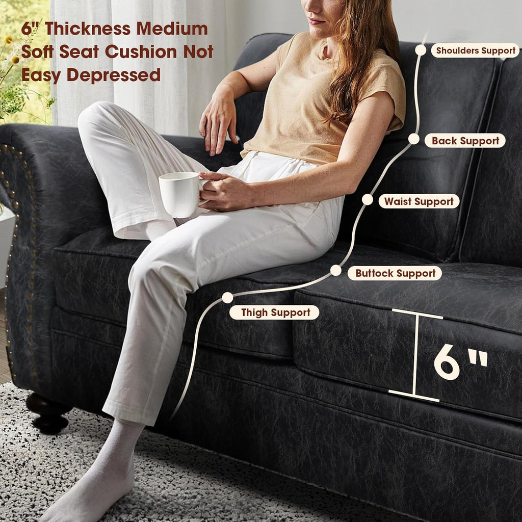 Mid-Century Vintage Sofa Couches with Rivet Design,loveseat Sofa,Removable Sofa Cover Upholstered Cushions and Solid Wood Frame (Grey, 3-Seater)