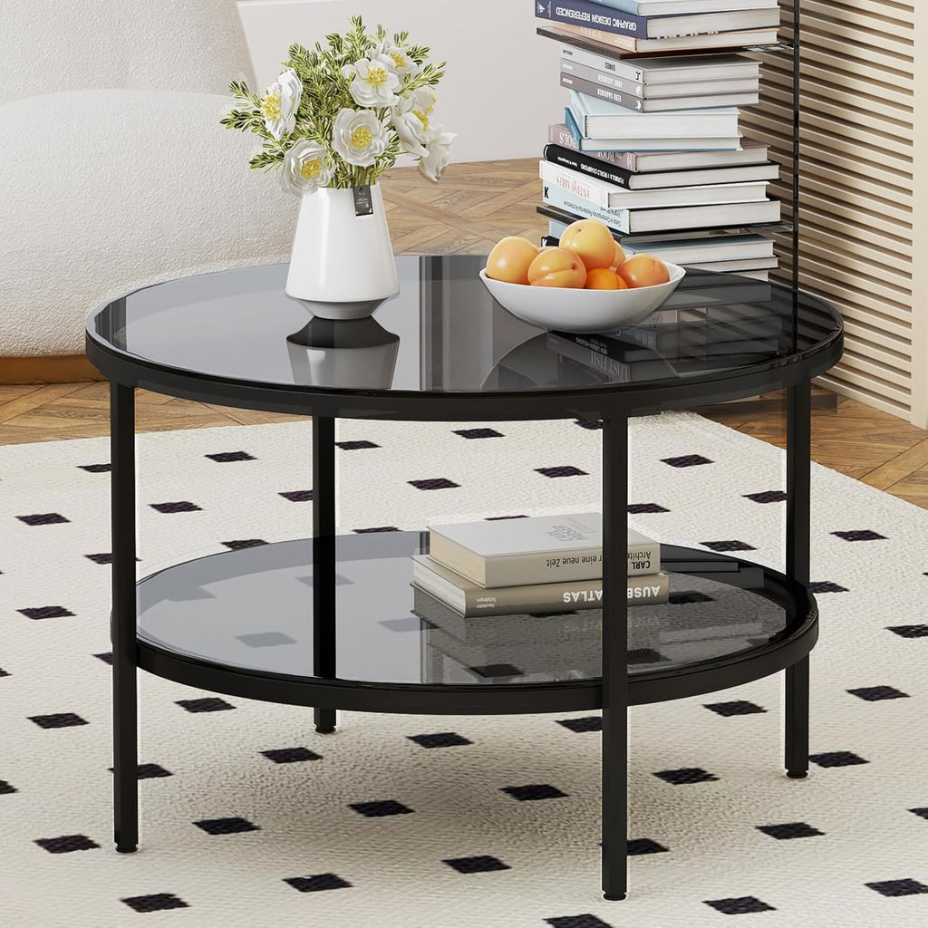 Yusong Round Glass Coffee Tables for Living Room, 2-Tier Circle Coffee Table with Storage, 26" Modern Center Accent Table with Light Black Glass, Small End Table for Small Space, Bedroom
