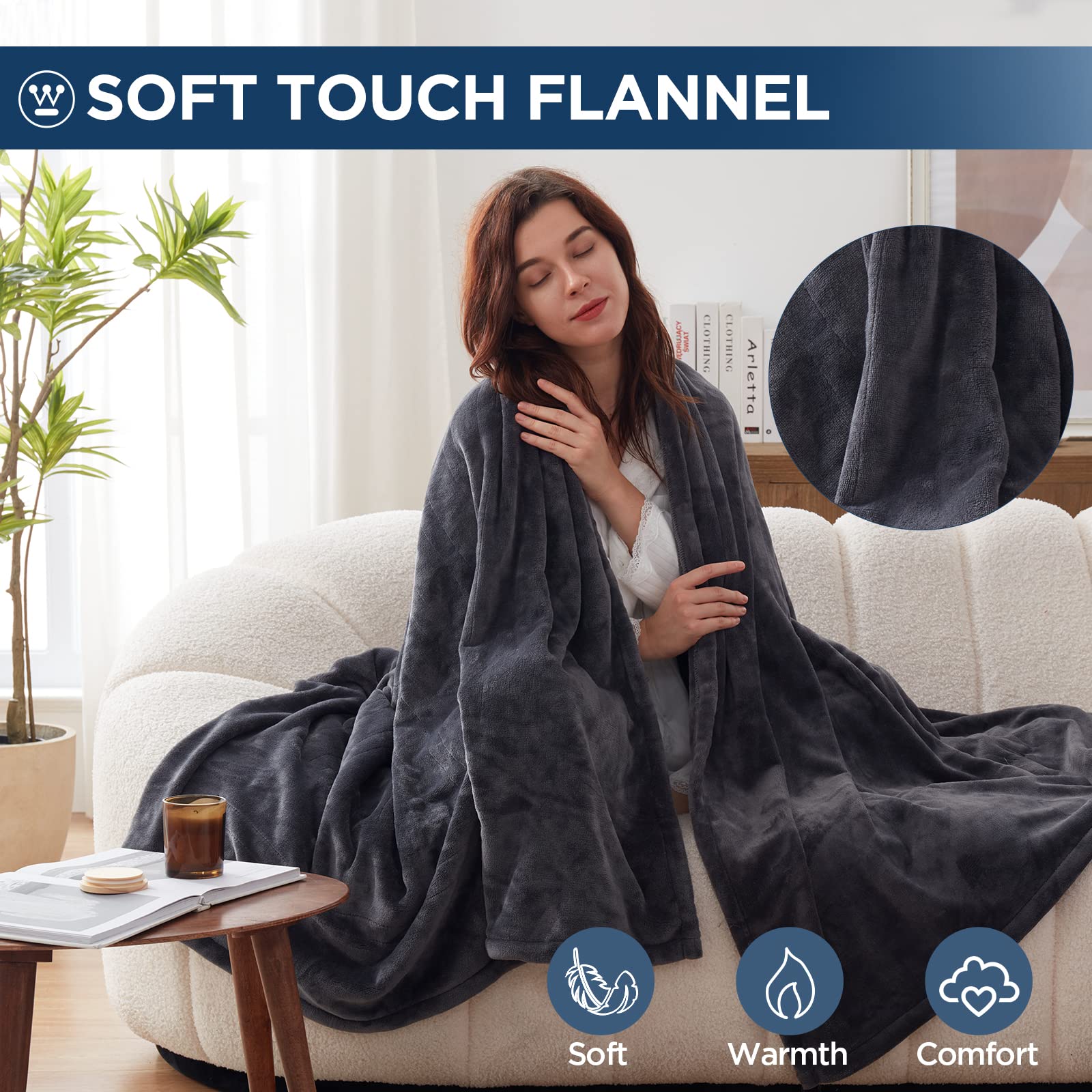 Manta eléctrica Westinghouse tamaño Queen, franela súper suave y acogedora 84" x 90" manta calefactable con 10 niveles de calentamiento rápido y apagado automático de 1-12 horas, lavable a máquina, certificación ETL y FCC, beige