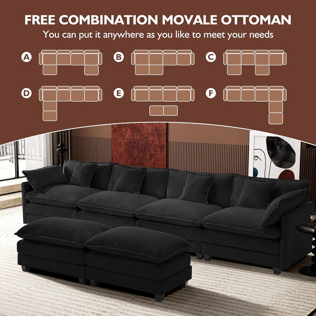 Ihanherry 146" U-Shaped Modern Sofa Modular Sectional Cloud Couch with 2 Ottoman, 6-Seat Chenille Deep Seat Sofa with 6 Pillows for Living Room, Bedroom and Apartment, Black