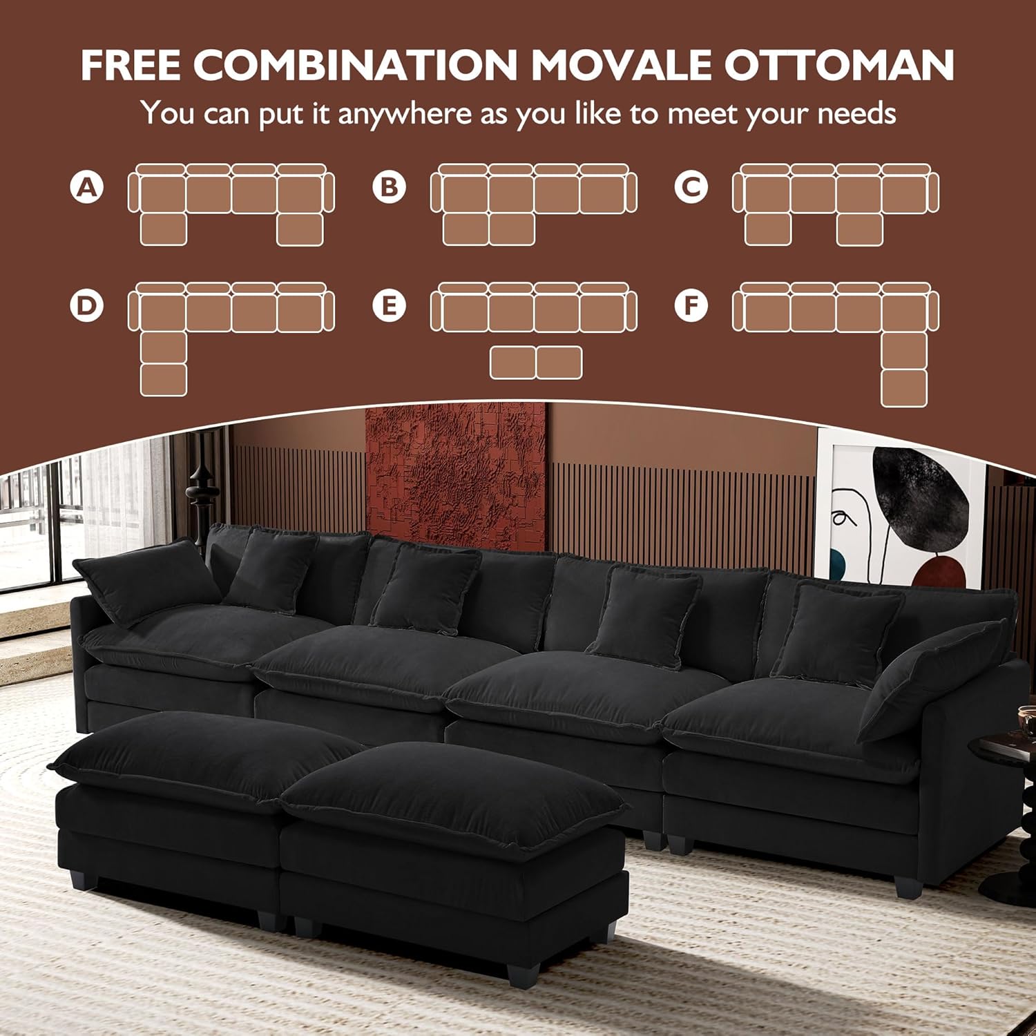 Ihanherry 146" U-Shaped Modern Sofa Modular Sectional Cloud Couch with 2 Ottoman, 6-Seat Chenille Deep Seat Sofa with 6 Pillows for Living Room, Bedroom and Apartment, Black