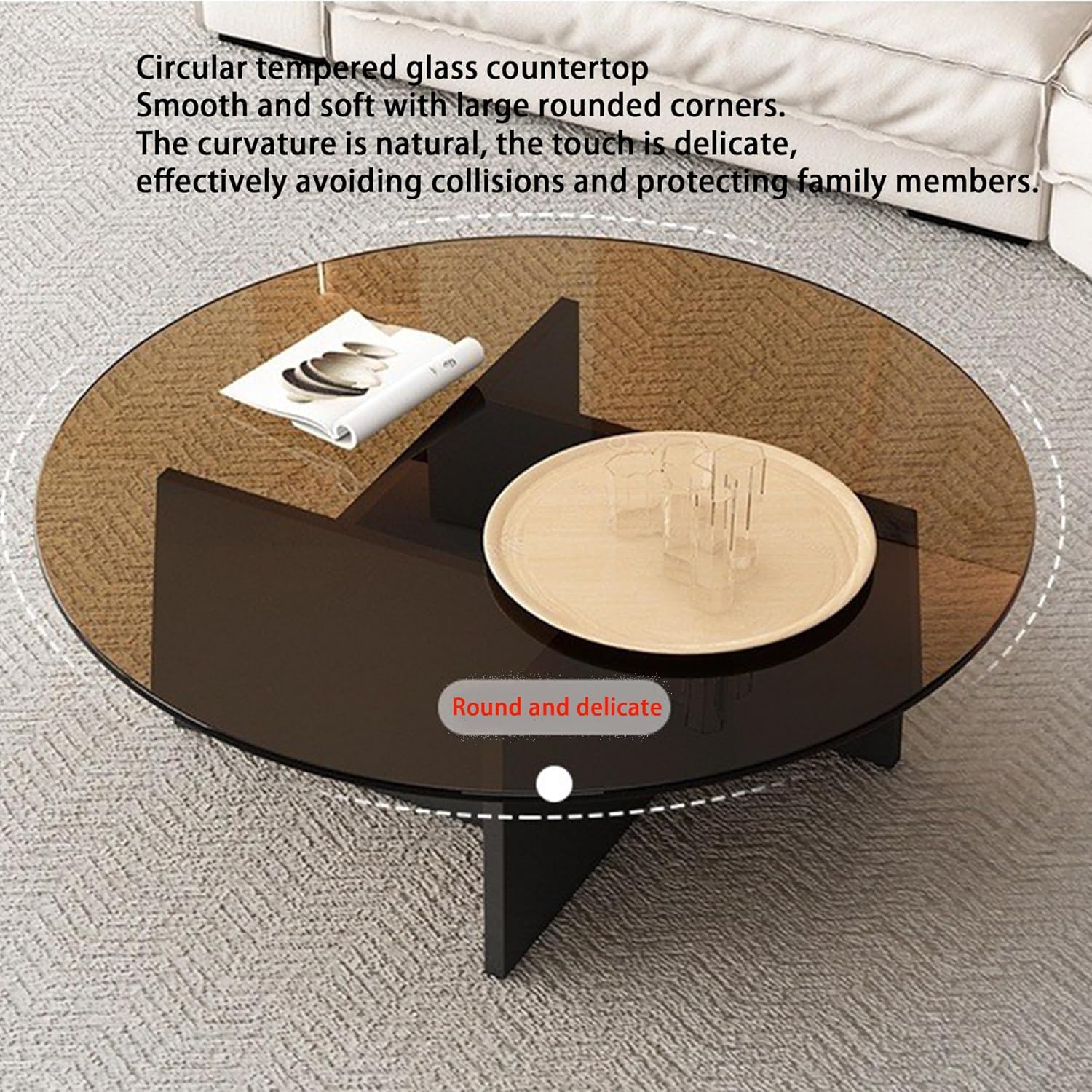 EASYSOUL Modern Round Glass Coffee Table with Wood Base for Living Room, 35.43" D x 35.43" W x 13.78" H, Mid Century Circular Center Coffee Tables with Tempered Glass Top (Walnut-Grey Glass/35.43 ")