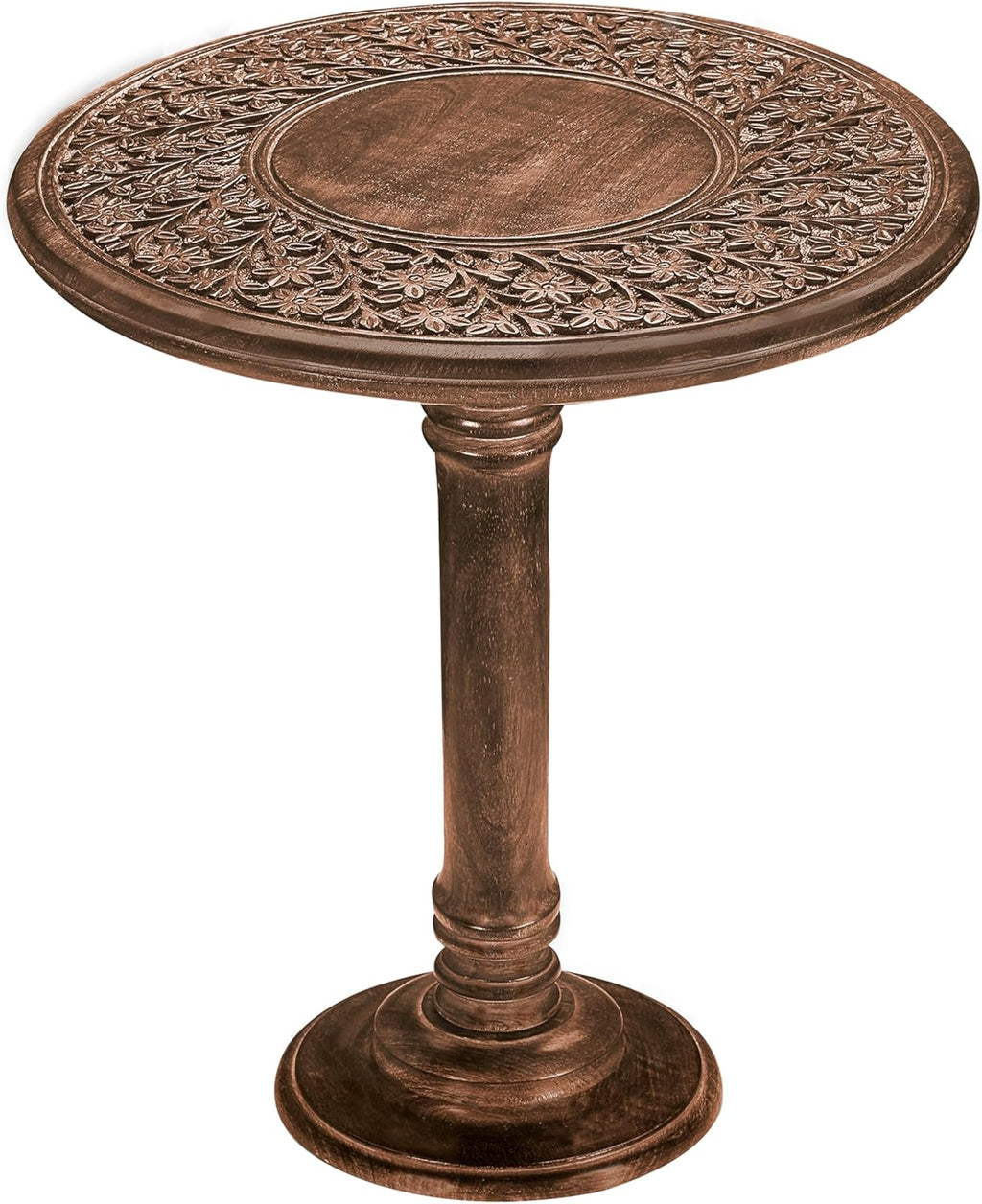 Wooden End Table for Living Room - 18x22 Burnt Finish Carved Side Table, Single Pillar Nightstand, Bedside Table for Books, Plants, Magazines, Small Space Accent Table