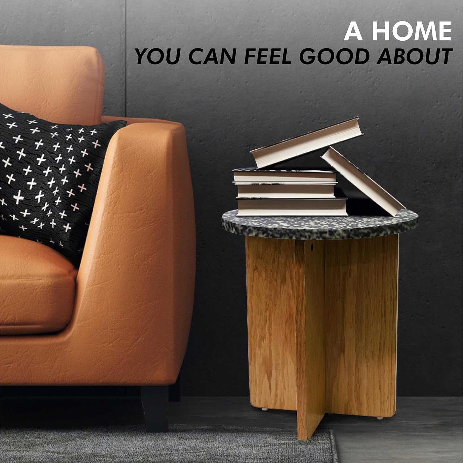 Melino Ocean-Plastic Round Side Table for Living Room, Bedroom, Nightstand with FSC Wood Base, Easy Assembly, Accent/Coffee Table (Stellae Obscura)