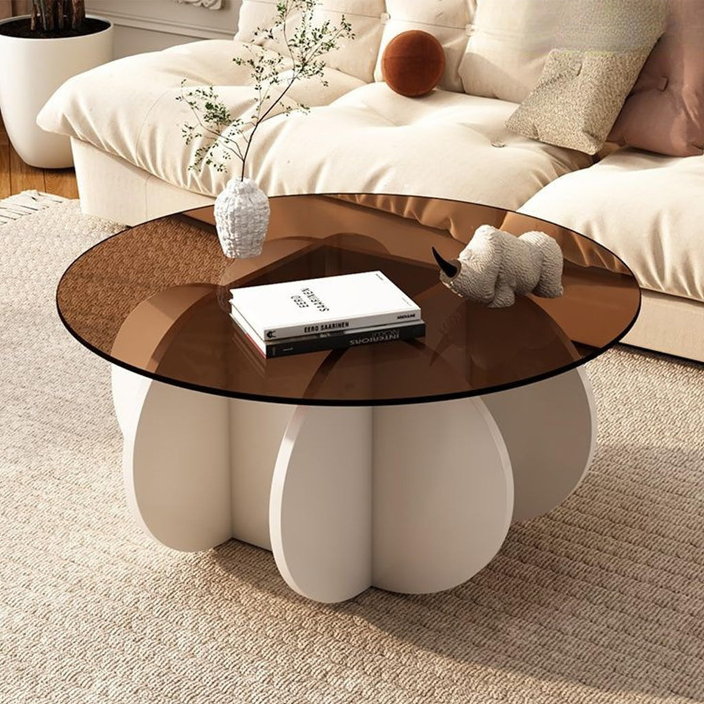 Modern Round Coffee Table with Solid Wood Legs, 31.5'' Glass Coffee Tables for Living Room Rustic Circle Center Cocktail Table with Tempered Glass-Top, Unique Accent Table for Small Spaces