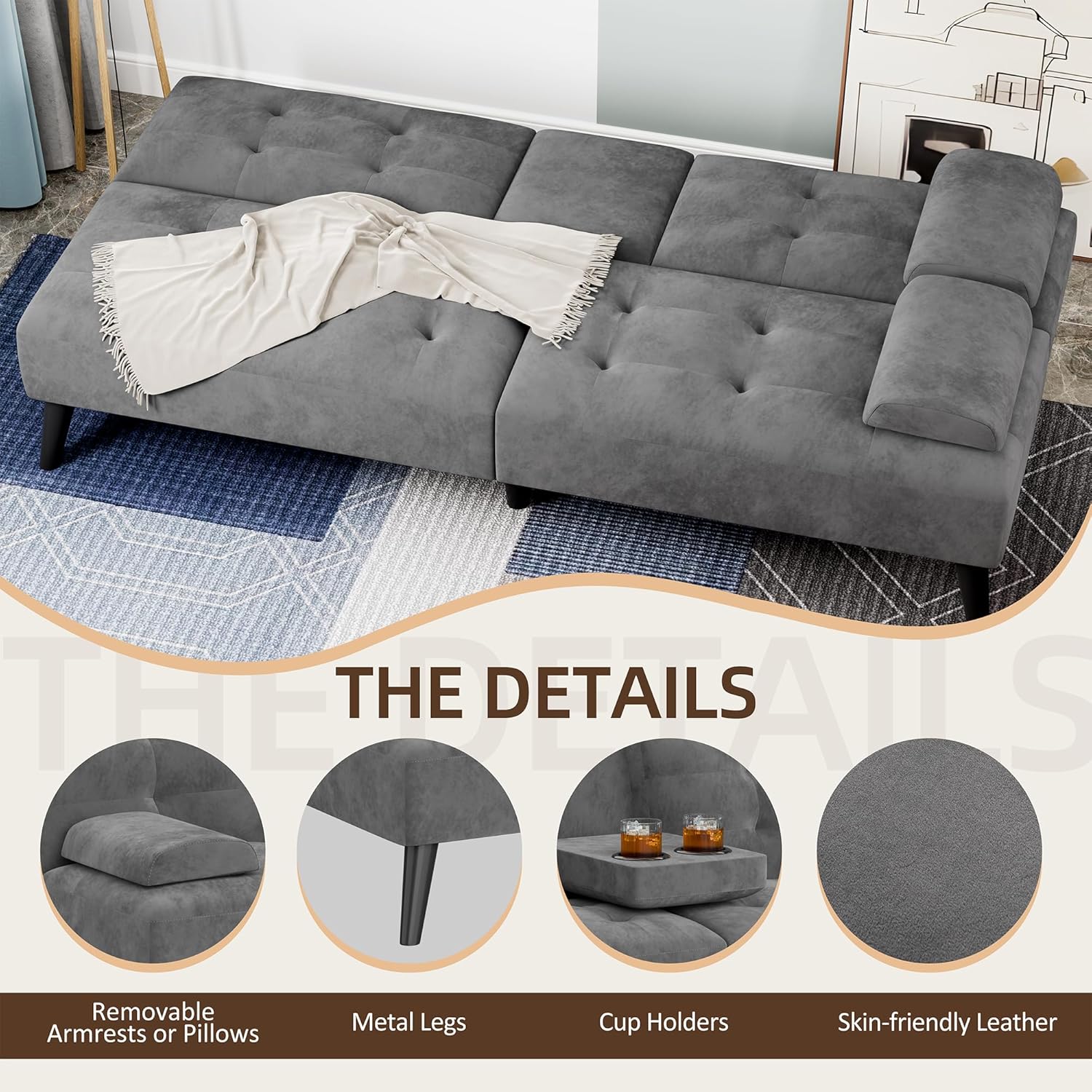 Shintenchi Futon Sofa Bed, Velvet Foldable Couch Reclining Sleeper w/Removable Armrests, Upholstered Loveseat w/Folding Cup Holders for Home, Office, Dark Gray