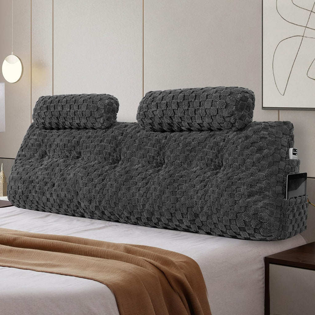 Groot hoofdeinde kussen met 2 stuks nekkussen rol kussen wig kussen bed rust lees kussen bolster driehoekig kussen voor zitten in bed-rugleuning positioneringssteun (Queen:59x8x20 inches, Donkergrijs)