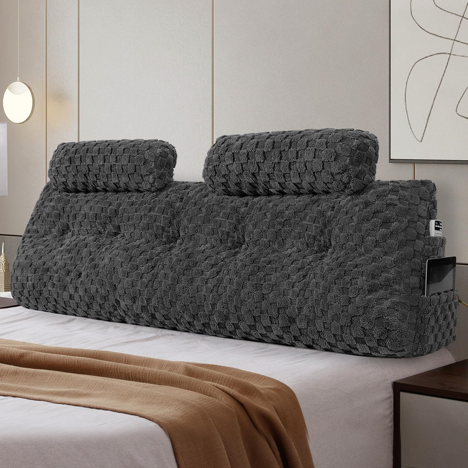 Groot hoofdeinde kussen met 2 stuks nekkussen rol kussen wig kussen bed rust lees kussen bolster driehoekig kussen voor zitten in bed-rugleuning positioneringssteun (Queen:59x8x20 inches, Donkergrijs)