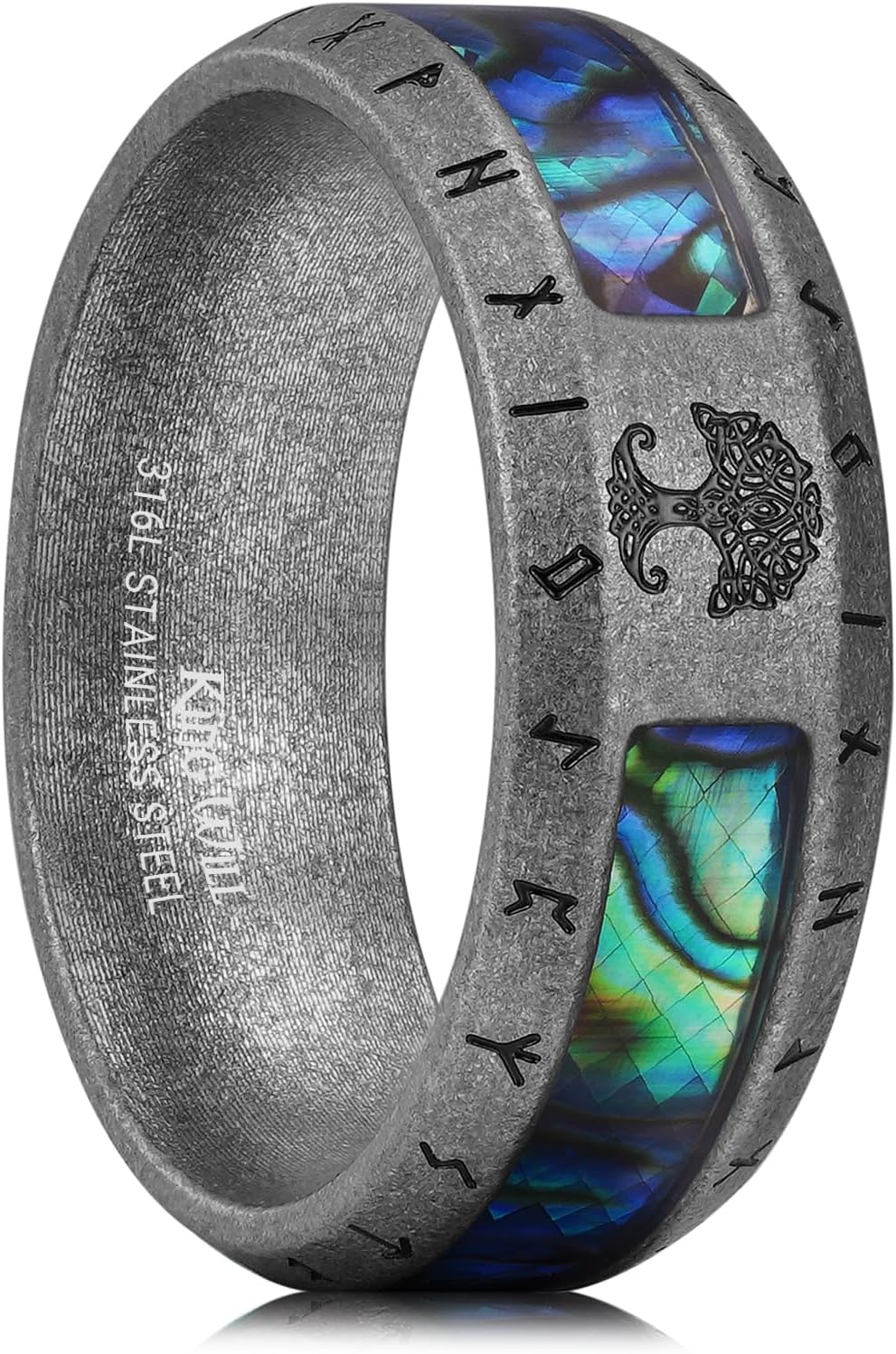 King Will Viking Stainless Steel Wedding Band - 8mm Men Ring with Tree of Life Rune Design and Abalone Shell Inlay in Grey/Gold/Black Vintage Finish Hypoallergenic and Comfort Fit Size 7-14