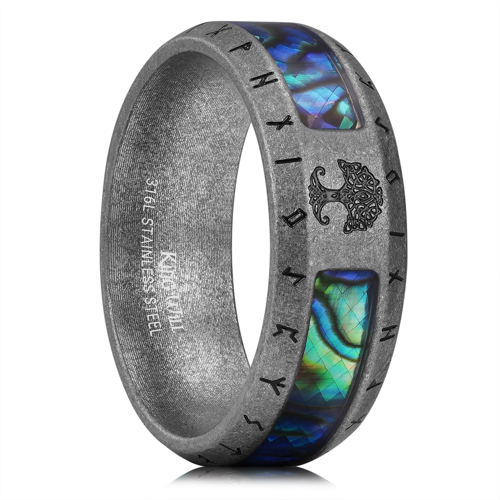 King Will Viking Stainless Steel Wedding Band - 8mm Men Ring with Tree of Life Rune Design and Abalone Shell Inlay in Grey/Gold/Black Vintage Finish Hypoallergenic and Comfort Fit Size 7-14