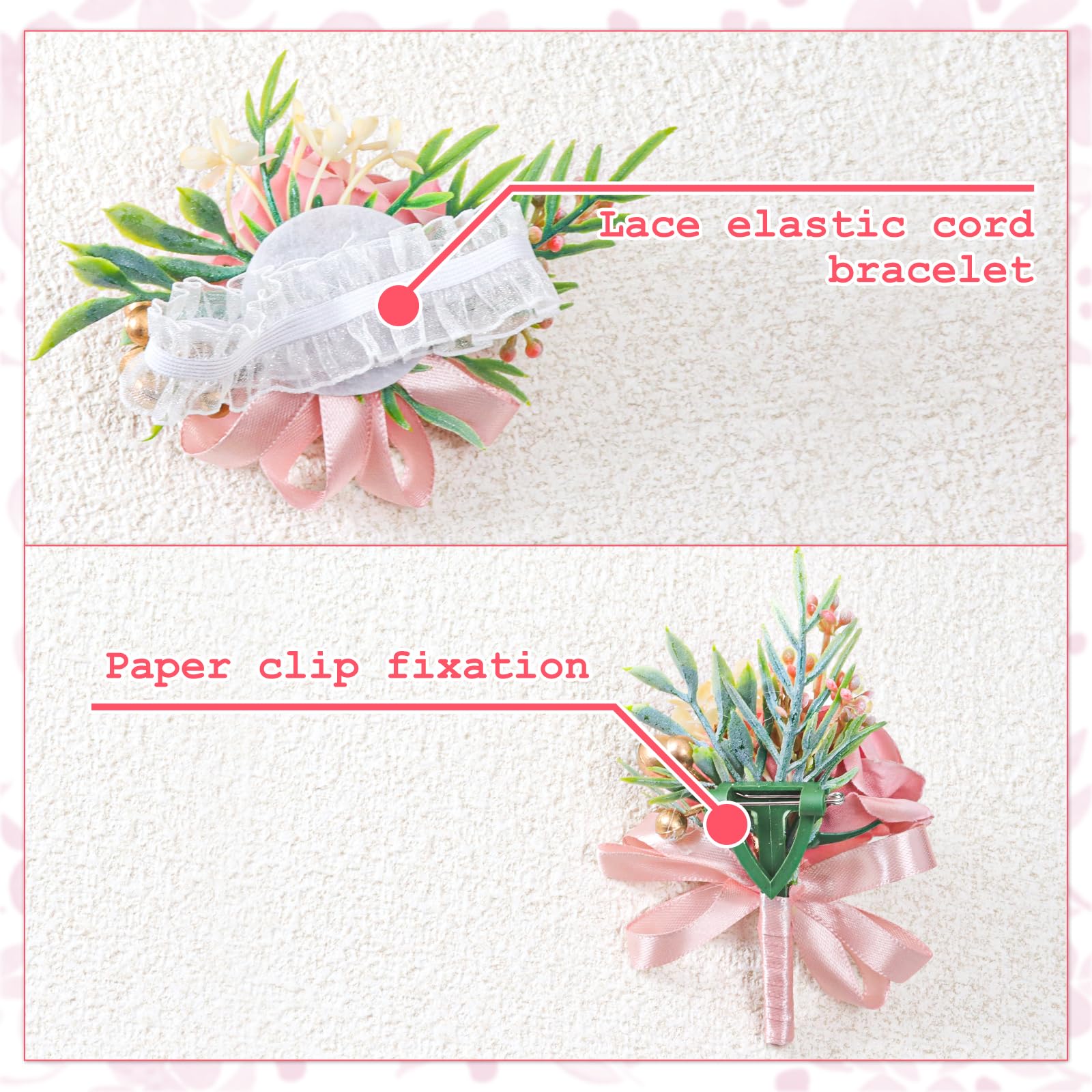 AEDOVE 2 Pcs Pink Rose Wrist Corsage and Boutonniere Set, Rose Corsage Hand for Women, Boutonniere for Men Wedding Artificial Flowers Accessories Prom Decor, Wedding Flower Party Accessories (Pink)