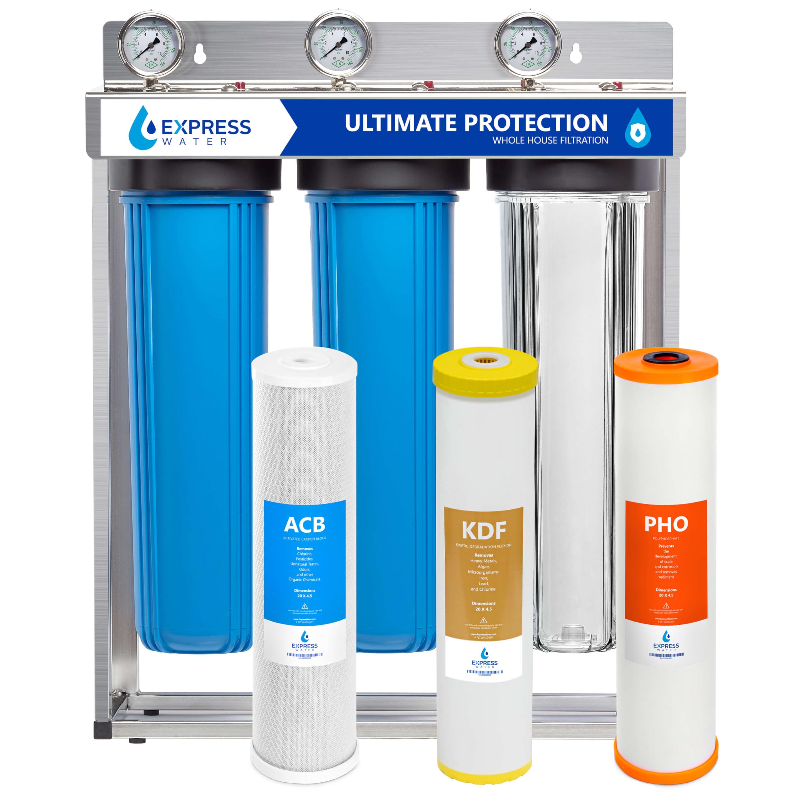 Express Water Whole House Water Filter System | Ultimate Protection | 3 Stage Water Purifier Whole Home, Heavy Metal + Anti-Scale Filters, High Reduction in Scale, Chlorine, PFAs, Lead, Arsenic & more