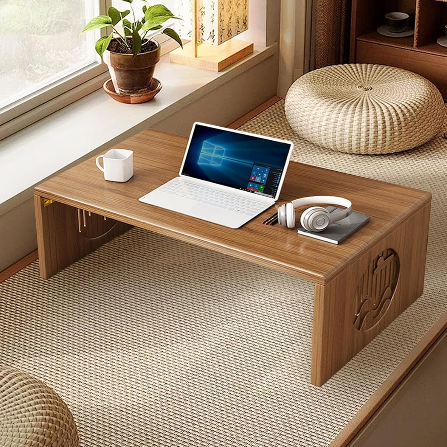 Japanese Floor Table, Bamboo Folding Coffee Table for Sitting on The Floor, No Assembly Small Low Tables for Dinning Tea Room, Zen Living Room(Brown, 80CM)