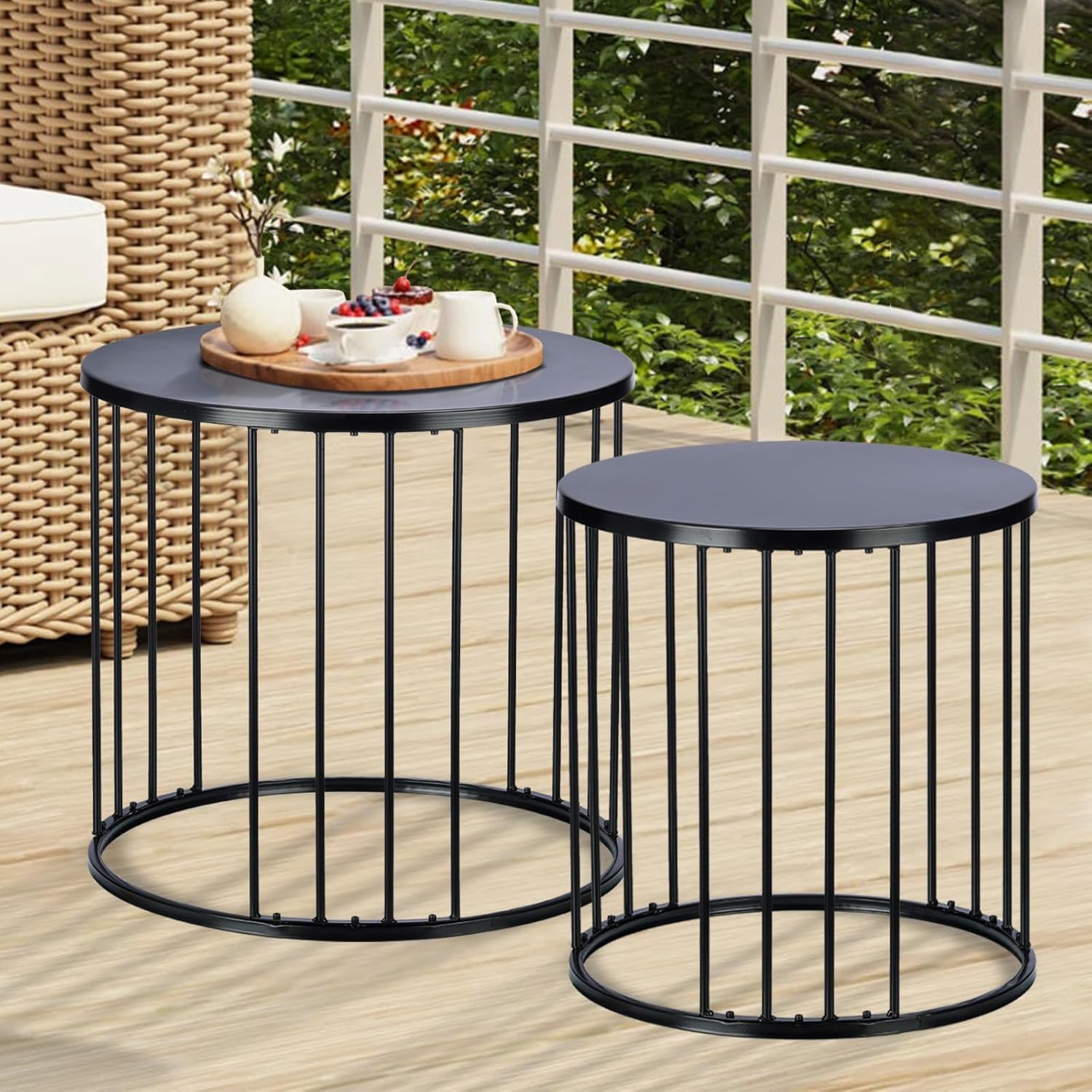 LEWIS&WAYNE Outdoor Side Table Set of 2, Metal Circle Accent End Tables for Balcony Backyard Garden Indoor Living Room, Durable Black Nesting Coffee Tables, 20”+16” Dia