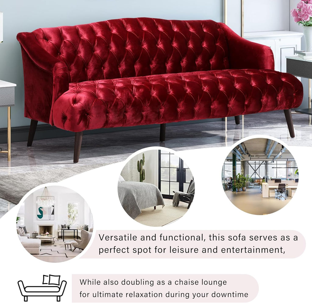Modern Wingback Tufted Velvet Loveseat, 73.25" 3 Seat Sofas Settee Bench Banquette Chesterfield Love Seat with High Back Thick Padded Cushioned Upholstered Couch for Living Room, Victorian Style, Red