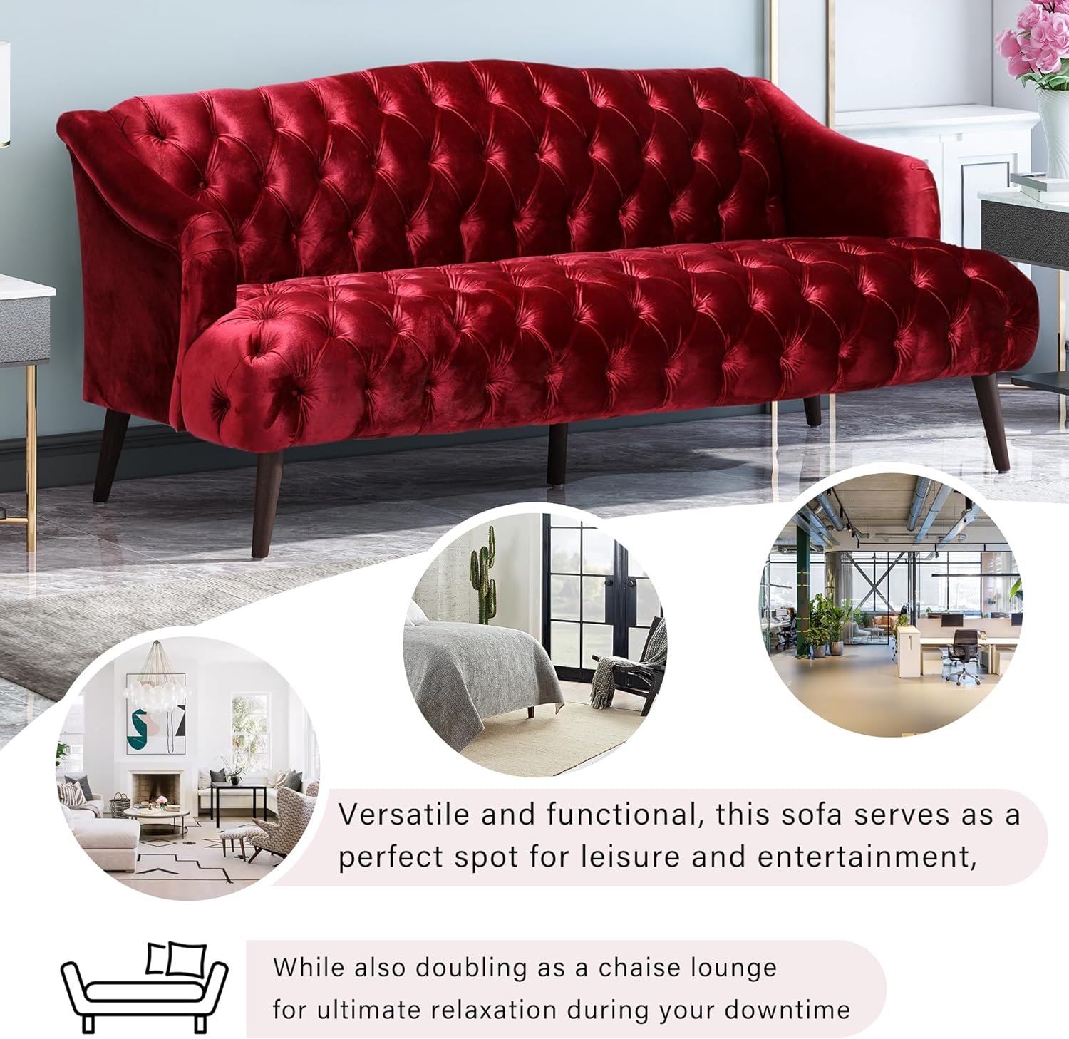 Modern Wingback Tufted Velvet Loveseat, 73.25" 3 Seat Sofas Settee Bench Banquette Chesterfield Love Seat with High Back Thick Padded Cushioned Upholstered Couch for Living Room, Victorian Style, Red