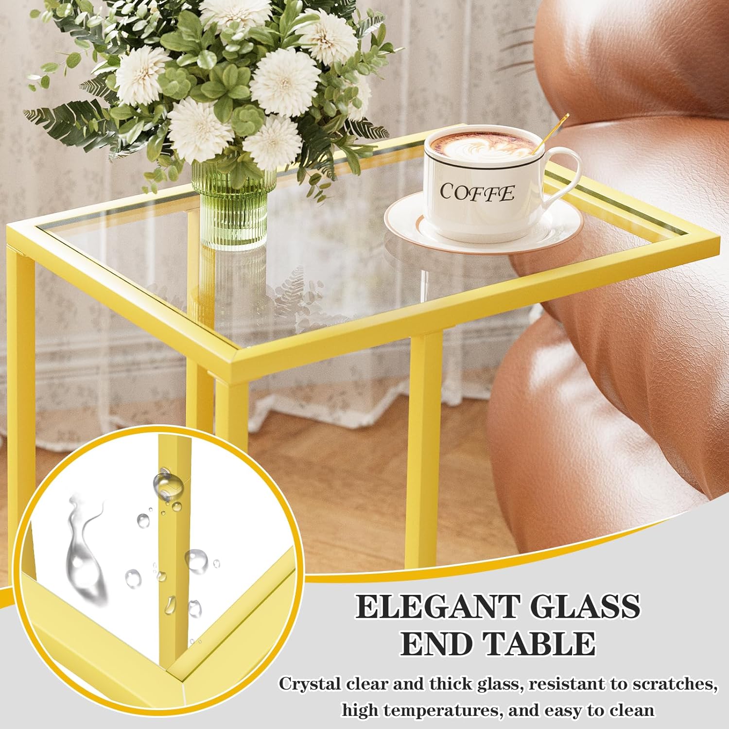 C Table Side End Table, Small C Shaped Table for Sofa,Glass Couch Sofa Tray Snack Table for Living Room, Bedroom,TV Tray Table for Small Space,Accent Coffee Table,Nightstand with Metal Frame(Yellow)