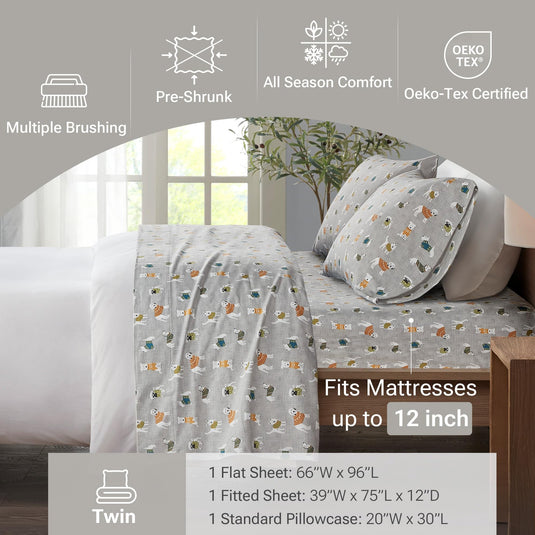 Sleep Philosophy True North Cozy Flannel Warm 100% Cotton Sheet - Novelty Print Animals Stars Cute Ultra Soft Cold Weather Bedding Set, Twin, Pink/Grey Snowflakes 3 Piece