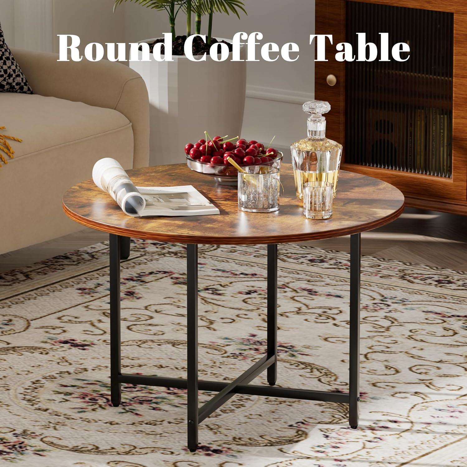 Round Coffee Table, Small Coffee Tables for Living Room, Wood Coffee Table with Metal Frame, Floor Table Desk for Sitting on The Floor, Home, Office, Farmhouse, Rustic Brown (23.6"D x 17.7"H)