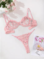 Lilosy Sexy Mignon Soutien-gorge à Armatures Push Up Bretelles Cœur Brodé Maille Transparente Ensemble de Lingerie pour Femmes Soutien-gorge Transparent et Culotte 2 Pièces Rose Très Petit