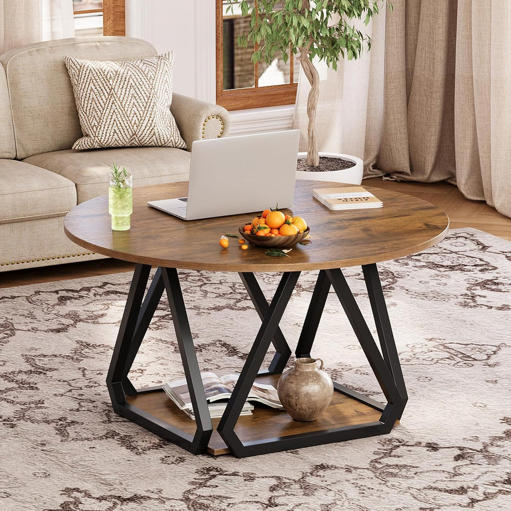 Round Coffee Table, 31.5" 2-Tier Center Table with Storage Shelf, Modern Rustic Circle Wood Coffee Table for Living Room, Apartment (Rustic Brown)