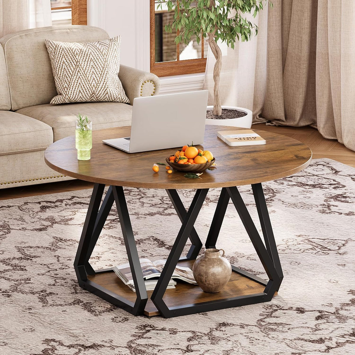 Round Coffee Table, 31.5" 2-Tier Center Table with Storage Shelf, Modern Rustic Circle Wood Coffee Table for Living Room, Apartment (Rustic Brown)