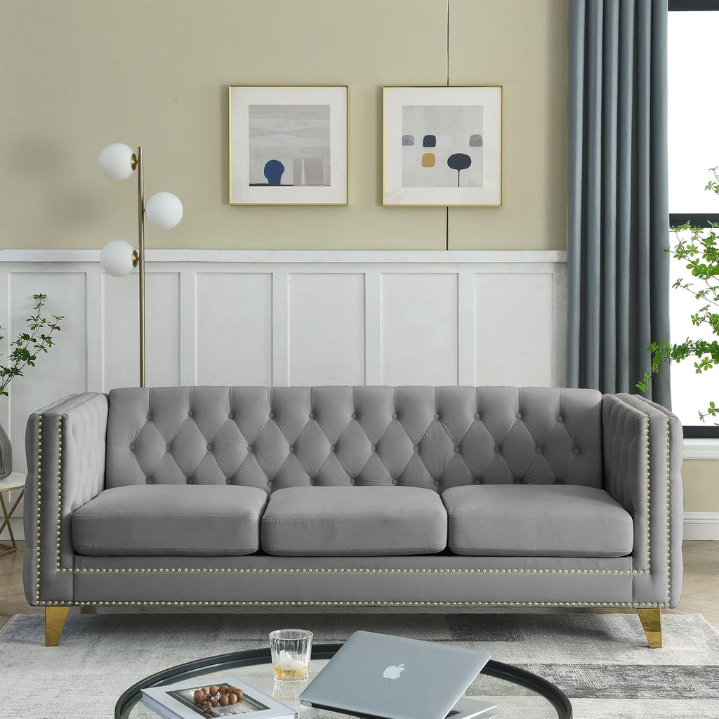 KEIKI Tufted Velvet 3+3 Seat Sofa Couch for Living Room, Buttons Tufted Square Arm Couch for Home Apartment, Gray