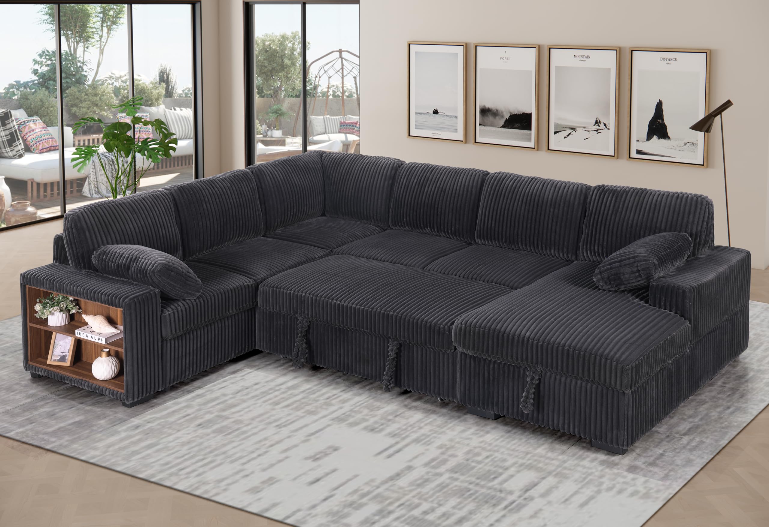 Oversized U-Shaped Sleeper Sectional Sofa Modern Fluffy Corduroy Upholstered Corner Convertible Sofabed with Pull Out Sleeper Couch Bed ,Storage Left Chaise and Pillows for Living Room Furniture Sets