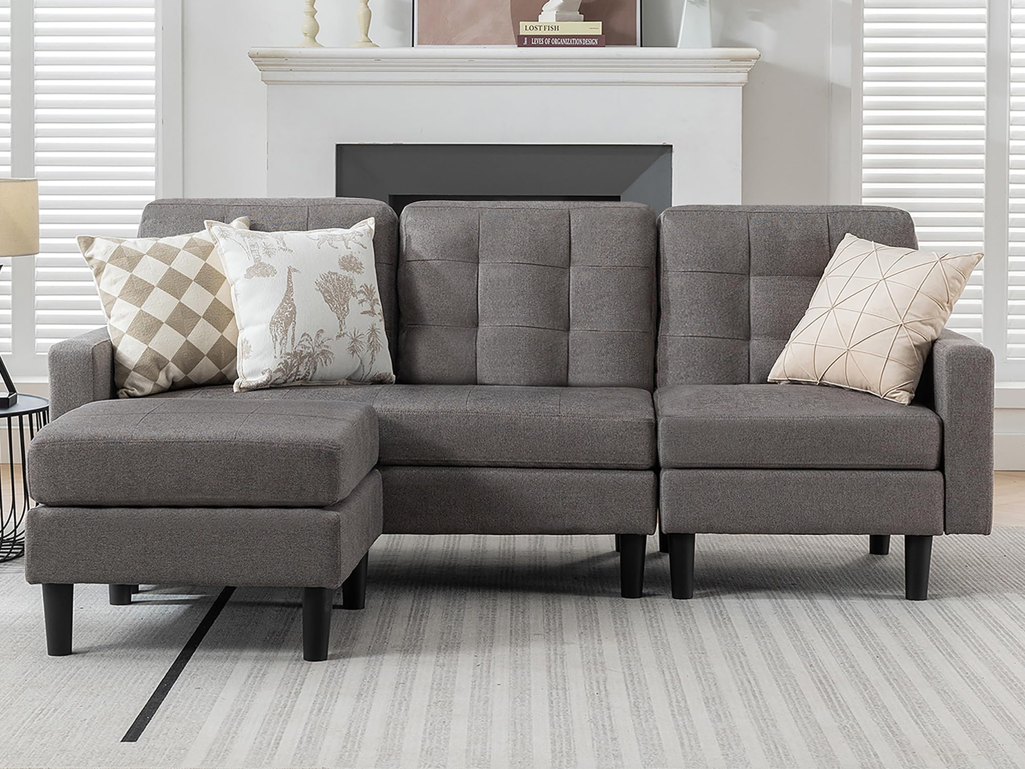 VECELO Convertible Sectional Sofa, Modern Linen Fabric L-Shaped Couch with Reversible Chaise for Living Room/Apartment/Office, Blue