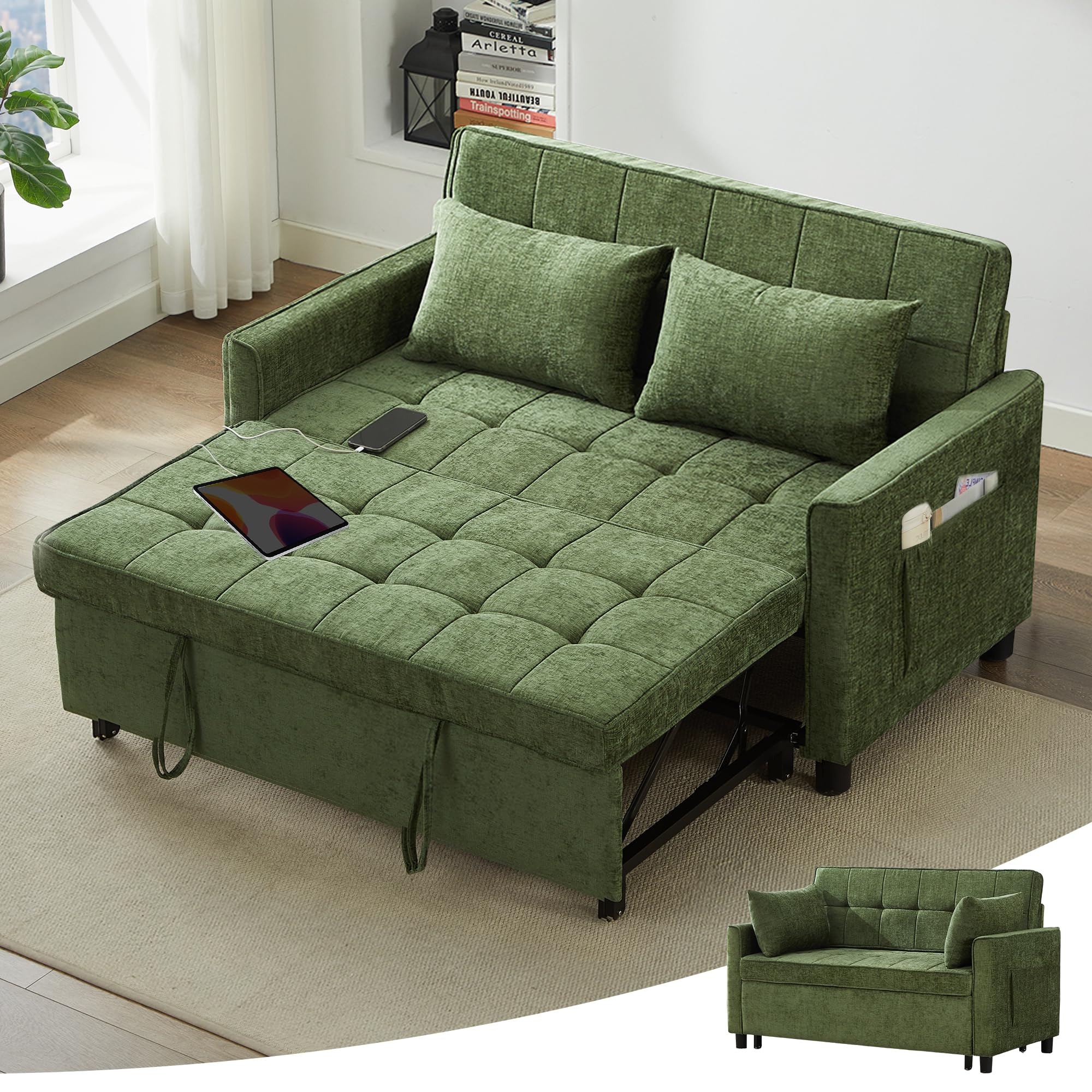 Tbfit 57" Convertible Sofa Bed, Chenille Futon Sleeper Sofa Couch with Pullout Bed, USB & Adjustable Backrest, Queen Size Pull Out Loveseat Couches for Living Room, Apartment, Office, Dorm, Dark Grey