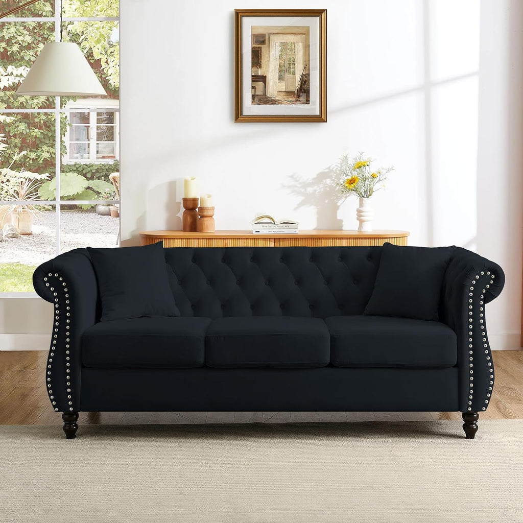 Chesterfield Sofa Couch,80" Button Tufted Velvet Sofa with Rolled Arms&Nailhead Trim,Comfy 3 Seater Sofa,Oversize Mid Century Modern Couch for Living Room,Bedroom,Apartment,Office(Black)