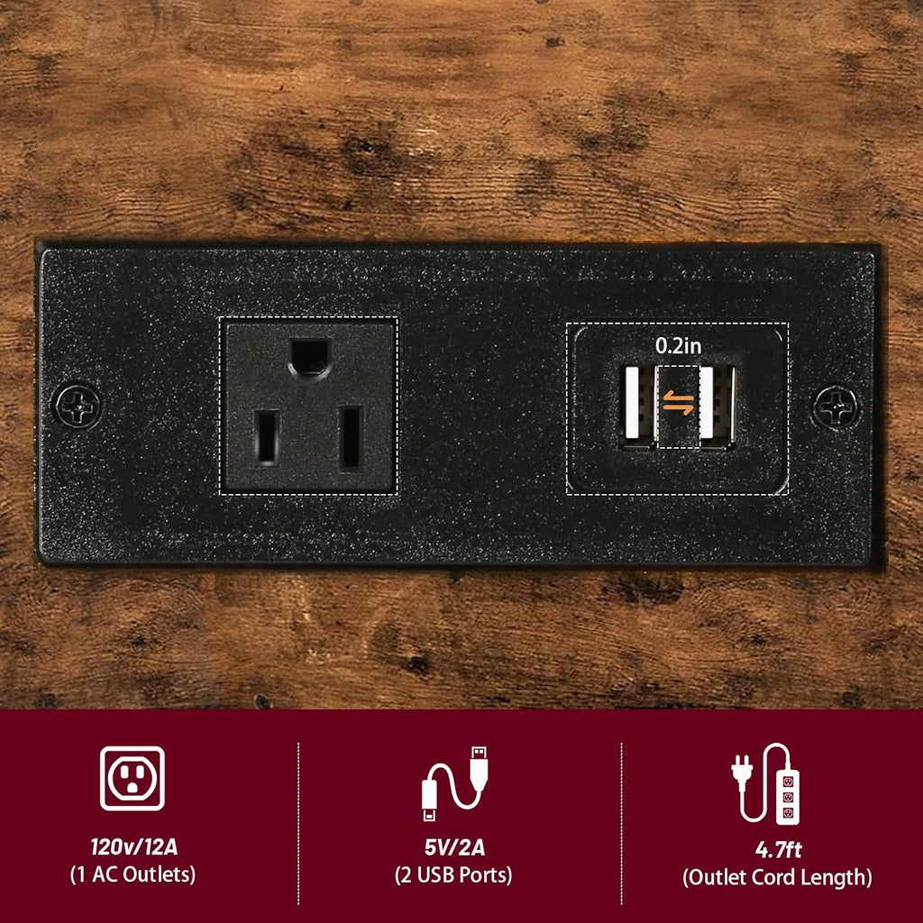 Side Table with Charging Station and Drawer, Narrow End Table with USB Ports and Outlets for Small Space, Living Room, Bedroom and Office, with 4 Wheels (1, Rustic Brown + Black)