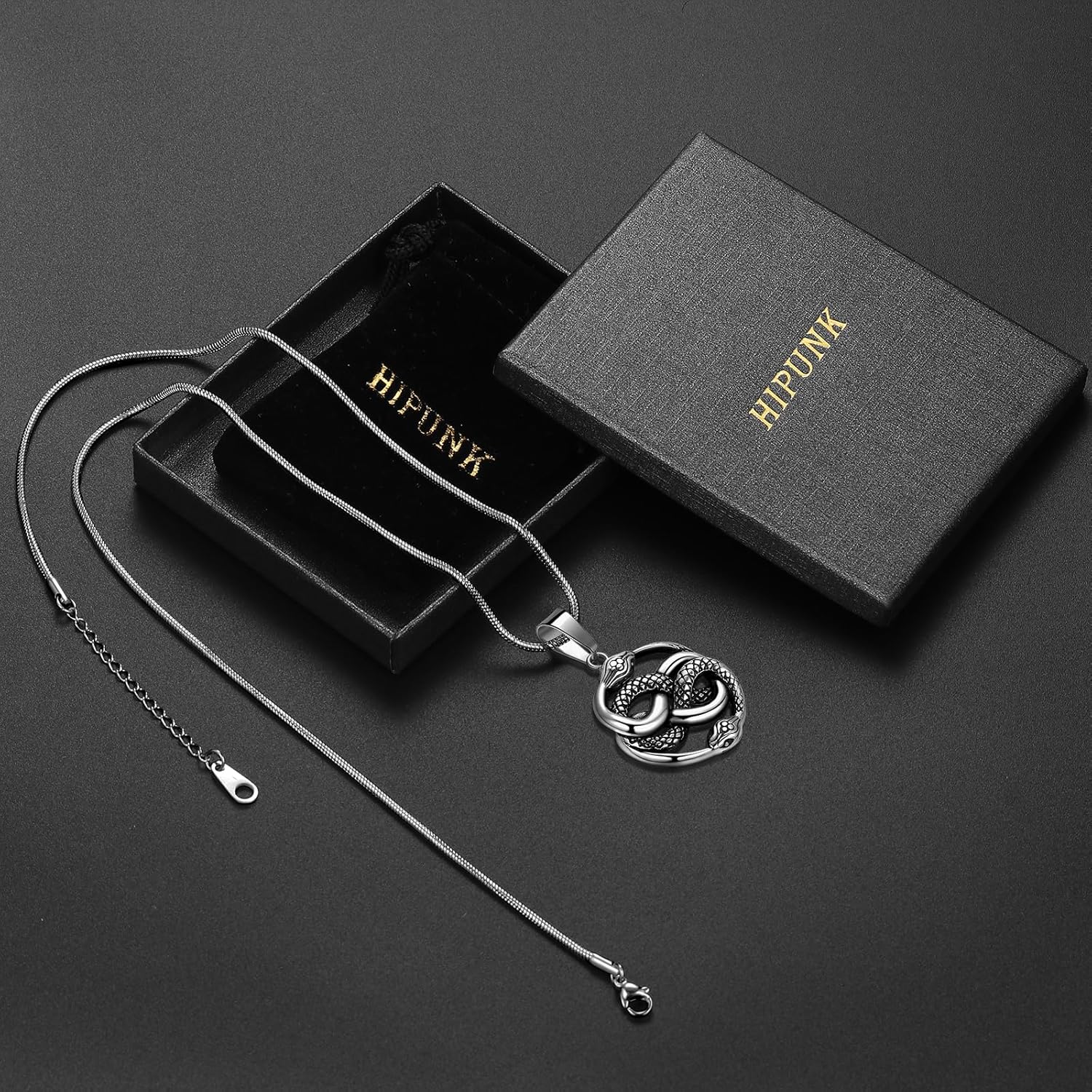 Hipunk Vintage Antique Infinity Snake Ouroboros Serpent Pendant Stainless Steel Necklace, Gothic Jewelry