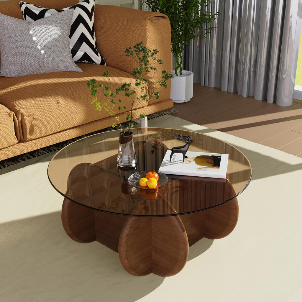Glass Top Coffee Table Modern Elegant Round Coffee Tables with Solid Wood Legs and Tempered Glass Tabletop for Living Room Home Small Space Reception Office Tables 31.5"