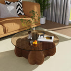 Glass Top Coffee Table Modern Elegant Round Coffee Tables with Solid Wood Legs and Tempered Glass Tabletop for Living Room Home Small Space Reception Office Tables 31.5"