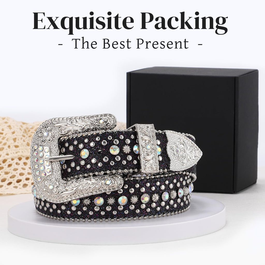 LALATCH Rhinestone Belt for Men Women, Cowboy Cowgirl Bling Western Diamond Leather for Jeans Pants, Silvery Rhinestone/Black