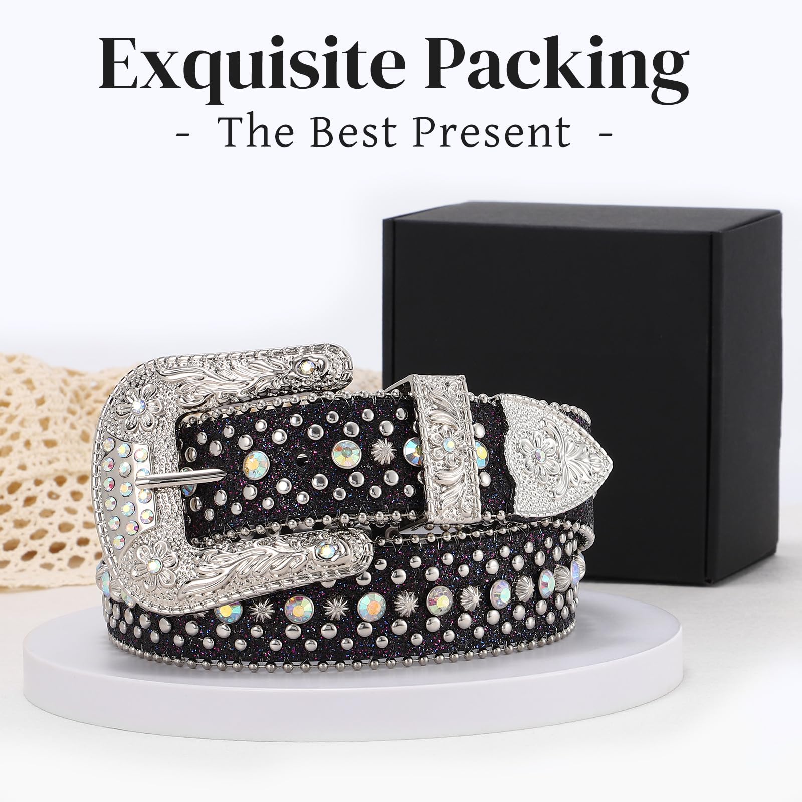 LALATCH Rhinestone Belt for Men Women, Cowboy Cowgirl Bling Western Diamond Leather for Jeans Pants, Silvery Rhinestone/Black