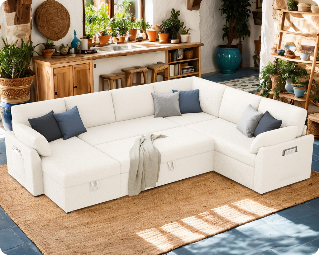 VanAcc Sofa Bed, 85 Inch Sleeper Couch with Storage Seat, L Shaped Sofa with Pull Out Sofa Bed, Sectional Couches for Living Room Apartment, Grey Linen Couch Sofa