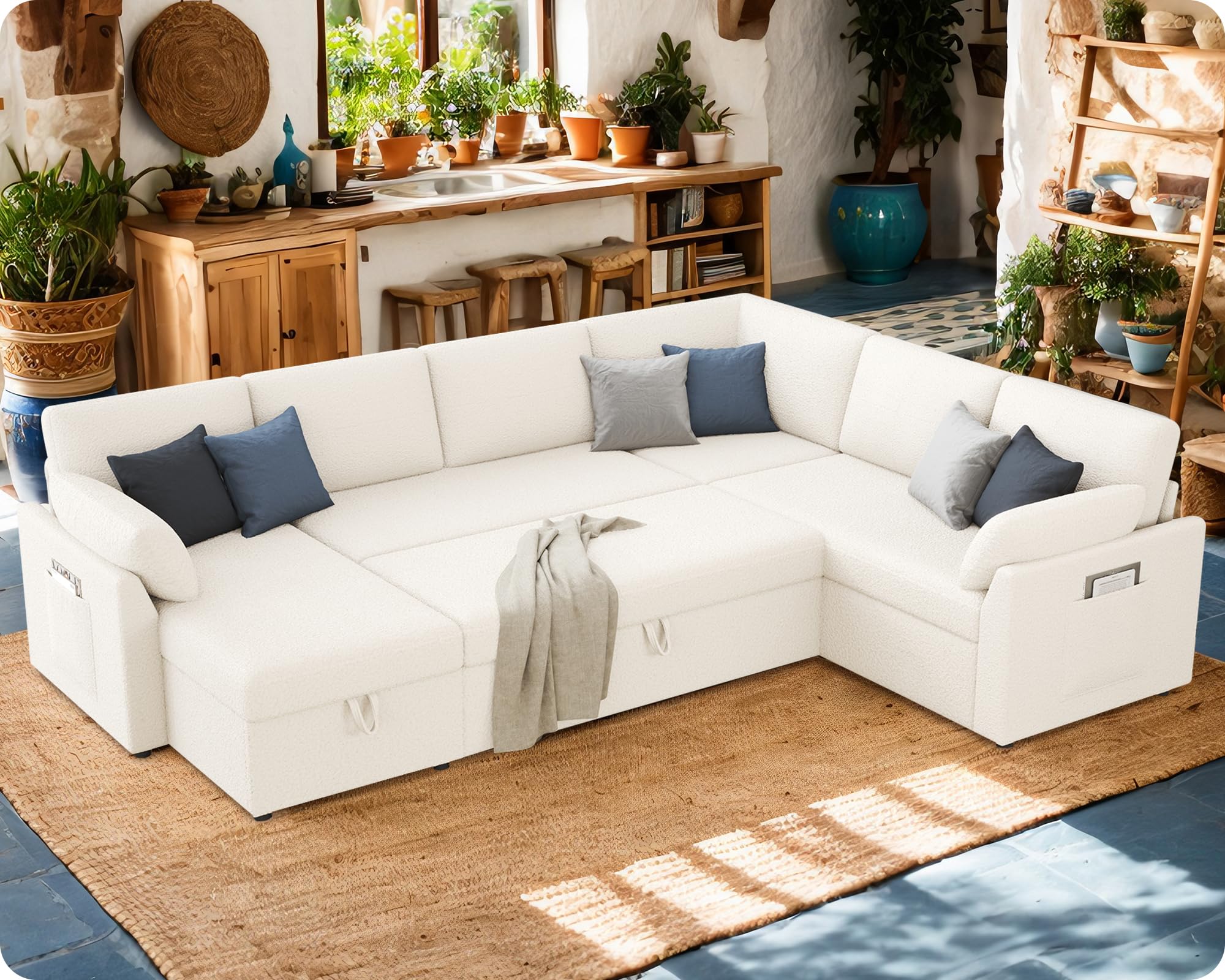 VanAcc Sofa Bed, 85 Inch Sleeper Couch with Storage Seat, L Shaped Sofa with Pull Out Sofa Bed, Sectional Couches for Living Room Apartment, Grey Linen Couch Sofa