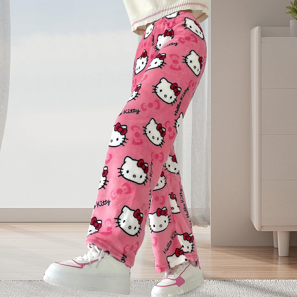 Kawaii Pajamas for Women Girls Cartoon Cat All Over Print Flannel Christmas Halloween Anime Soft Sleep Pajamas Pants,Style-2,M