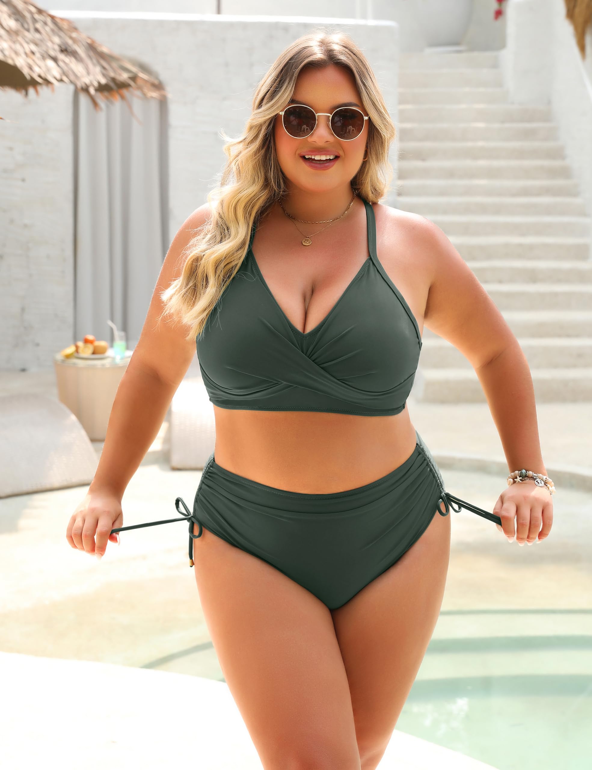 Blooming Jelly Womens High Waisted Bikini Sets Tummy Control Swimsuits Tie Back 2 Piece Bathing Suit (Medium, Green)