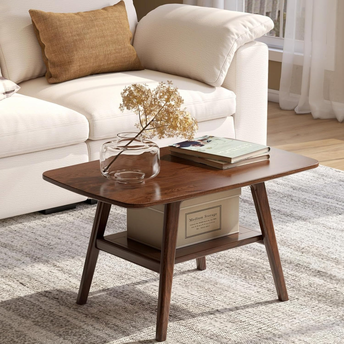 100% Solid Oak Wood Coffee Table for Living Room, 2-Tier Small Table with Storage Shelf, Mid Century Modern Coffee Tables (Walnut, 31.49" x 19.68" x 17.32")