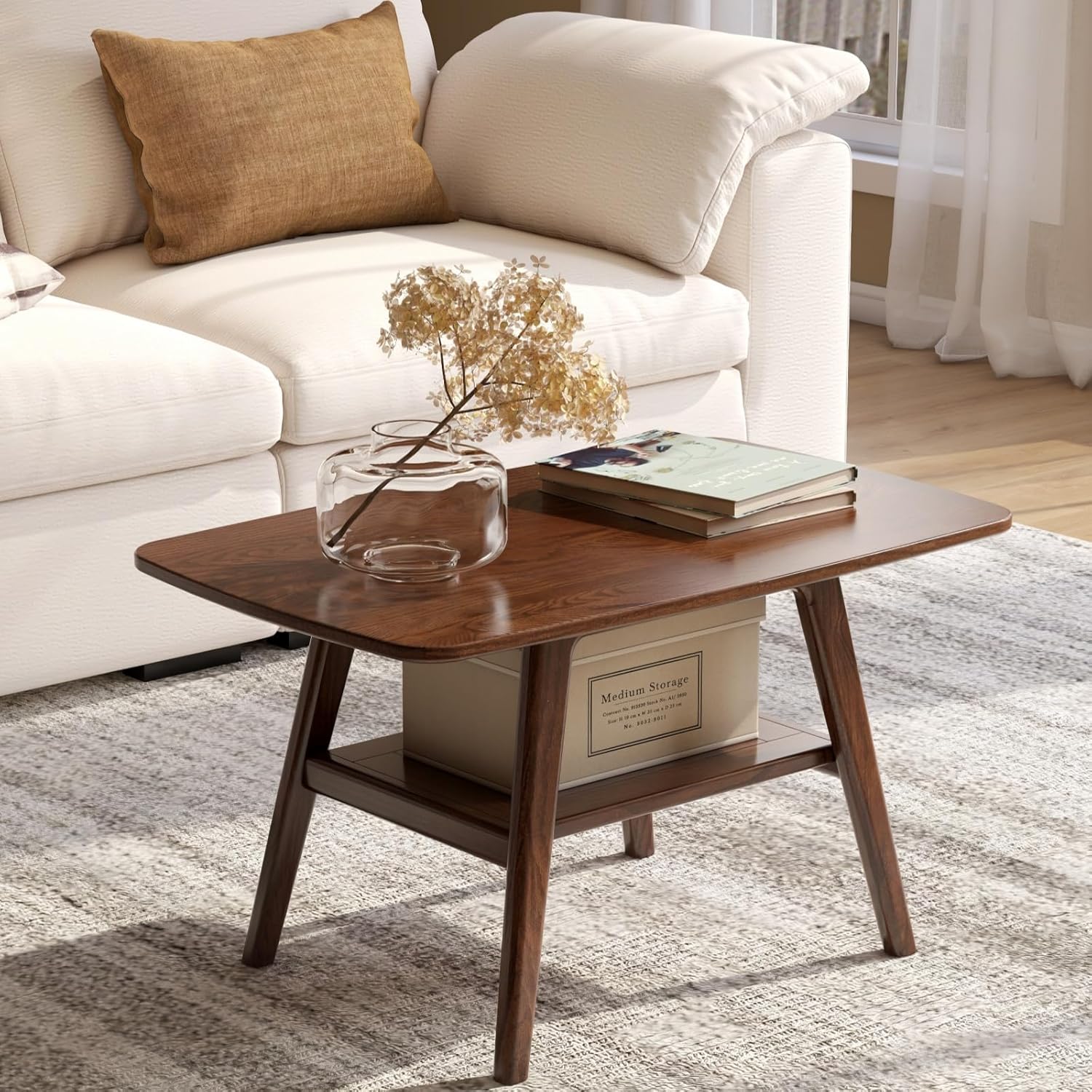100% Solid Oak Wood Coffee Table for Living Room, 2-Tier Small Table with Storage Shelf, Mid Century Modern Coffee Tables (Walnut, 31.49" x 19.68" x 17.32")