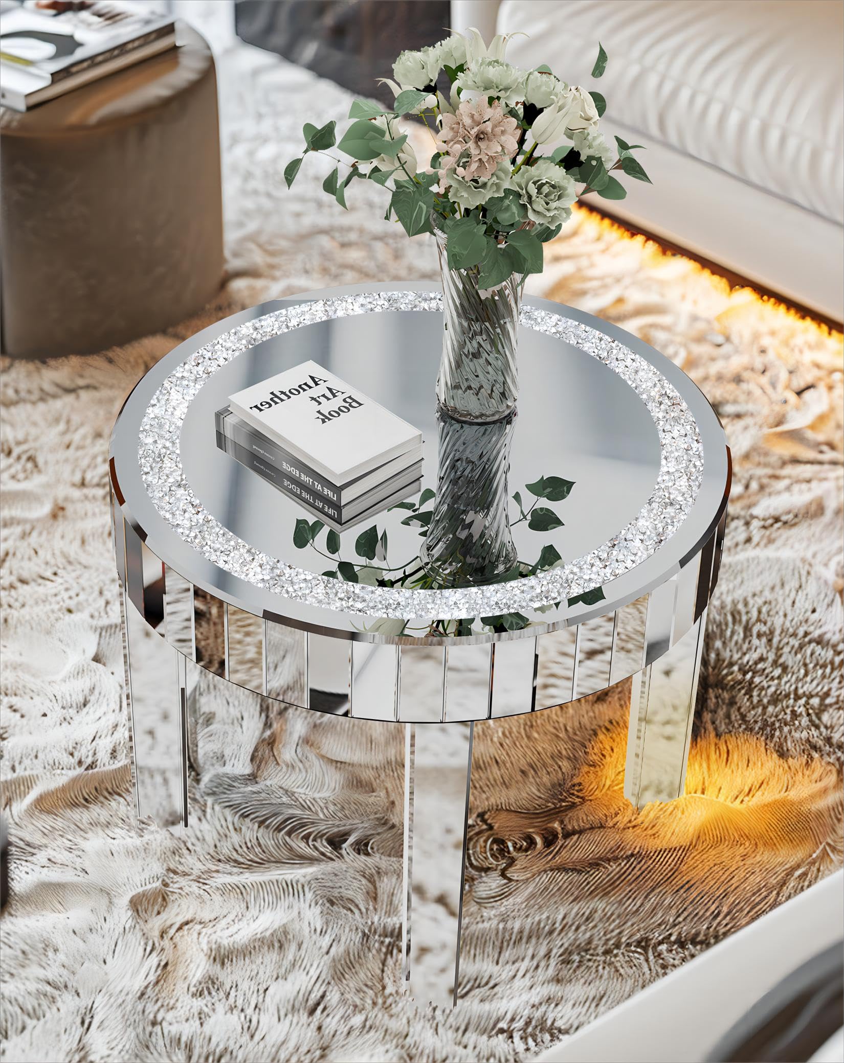 Round Mirrored Coffee Table: 31.5 inches Large Decorative Bling Crushed Diamond Tabletop with Silver Mirror Crystal Edge Frame and Legs Luxury Modern Home Decor for Livingroom