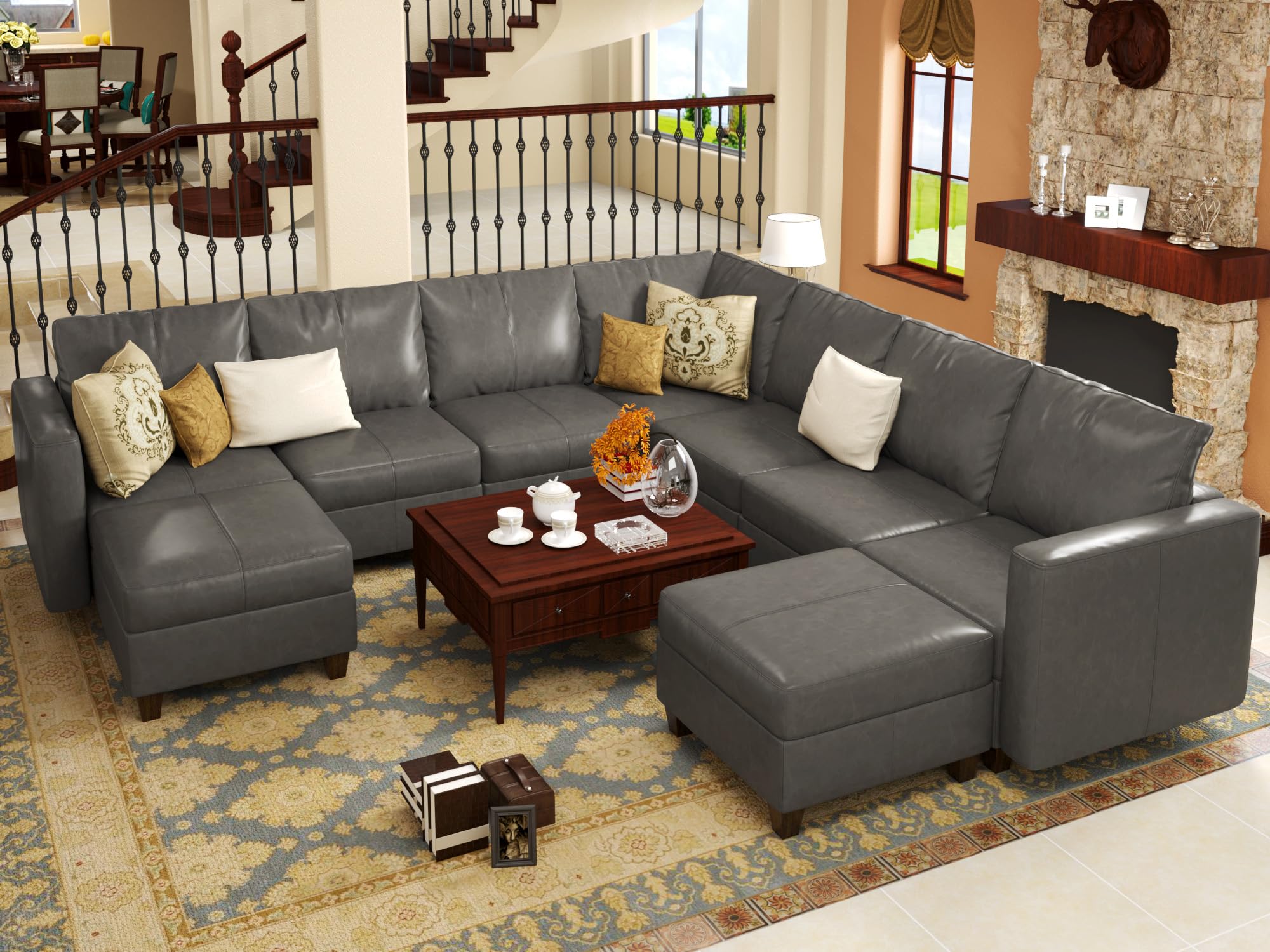 EASE MOOSE Brown Modular Sectional Couch with Storage, Faux Leather Sectional Modular Sofa or Living Room