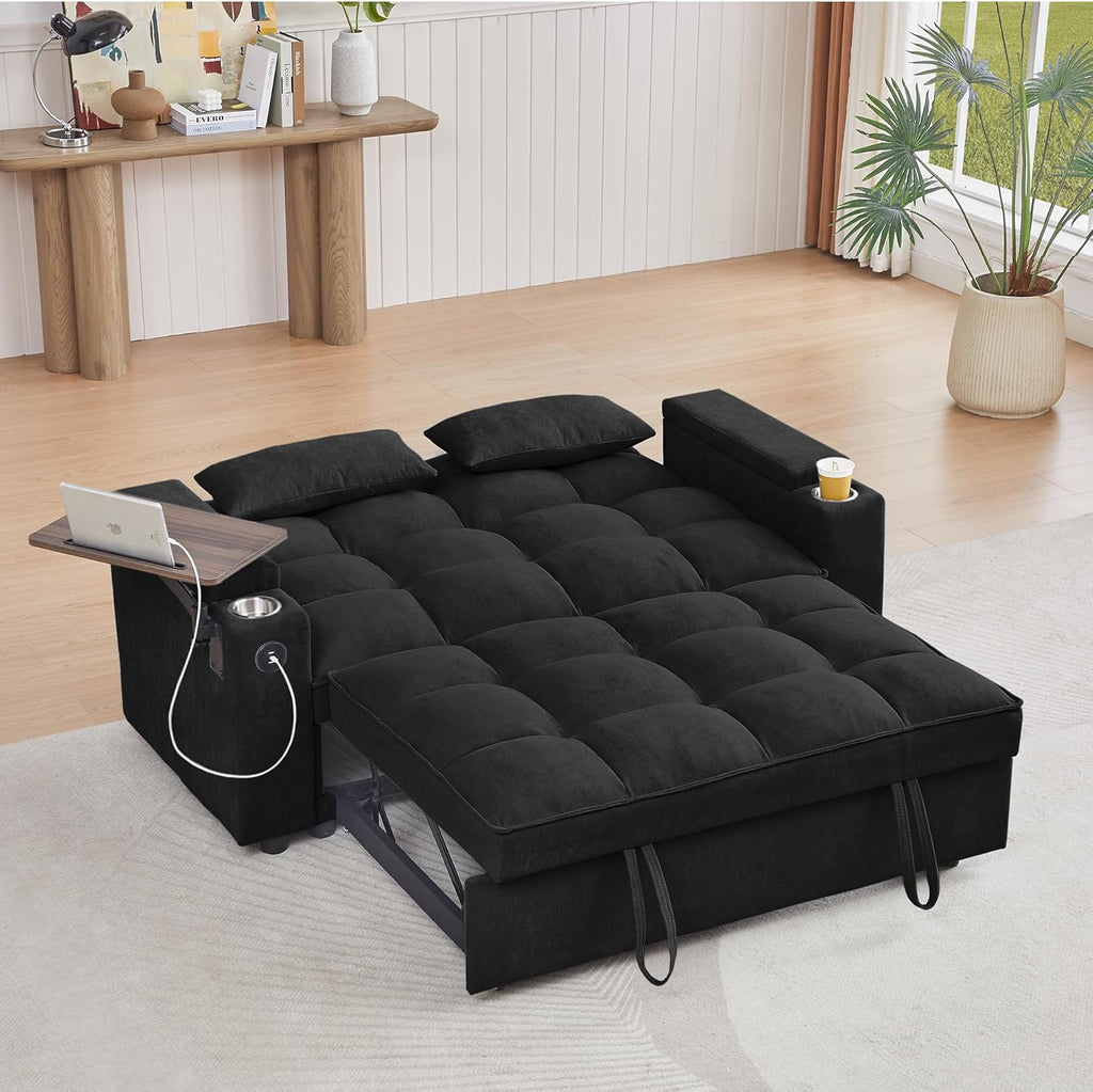 65'' 3-in-1 Folding Convertible Sofa Bed, Pullout Sofa, Modern Chenille Fabric, 360° Swivel Side Table, Easy Assembly, Perfect for Living Room, Black