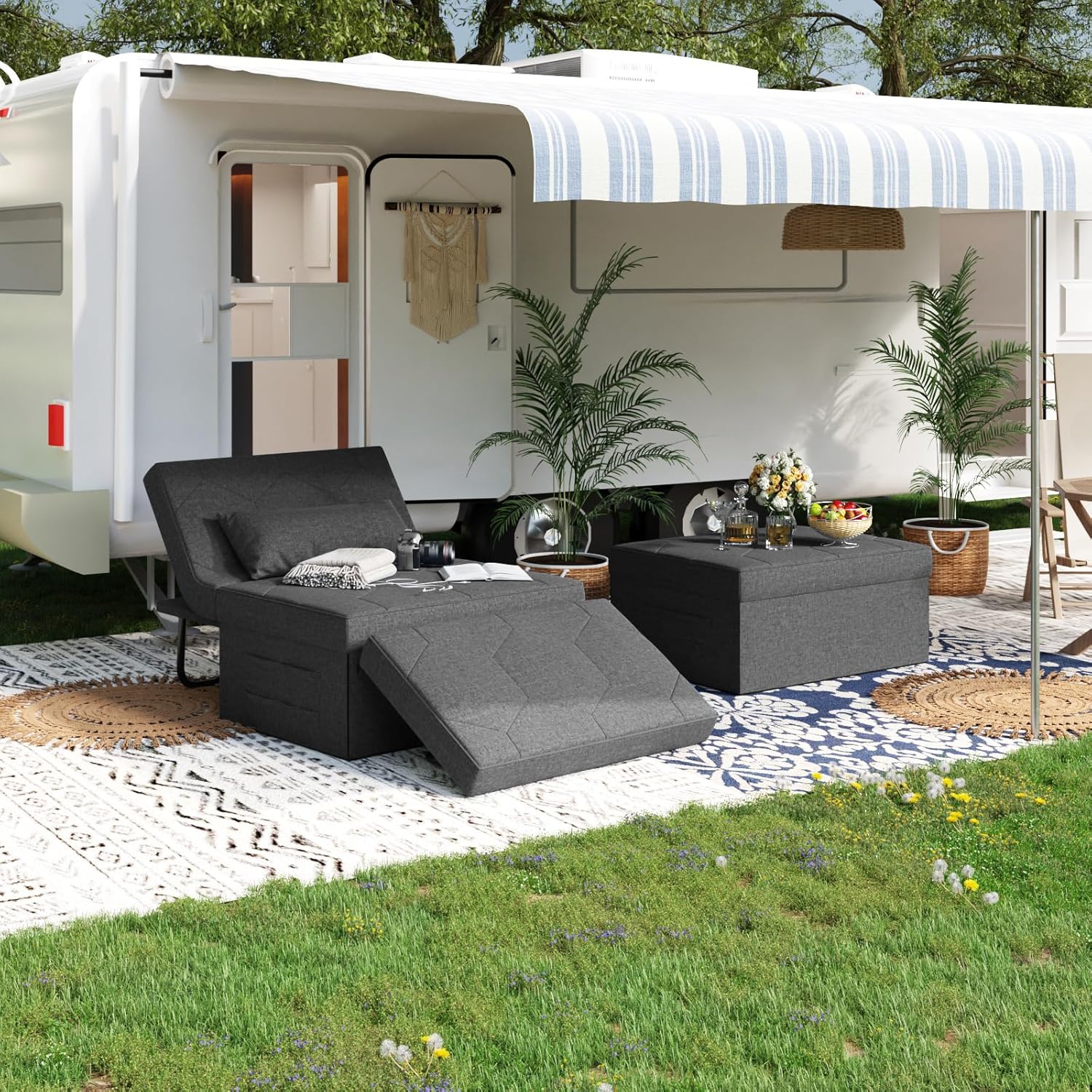 4 in 1 Sleeper Chair, Convertible Sleeper Sofa with Ottoman, Ottoman Bed for Adults, Sofa Bed with Adjustable Backrest for Living Room Apartment Office, Dark Grey