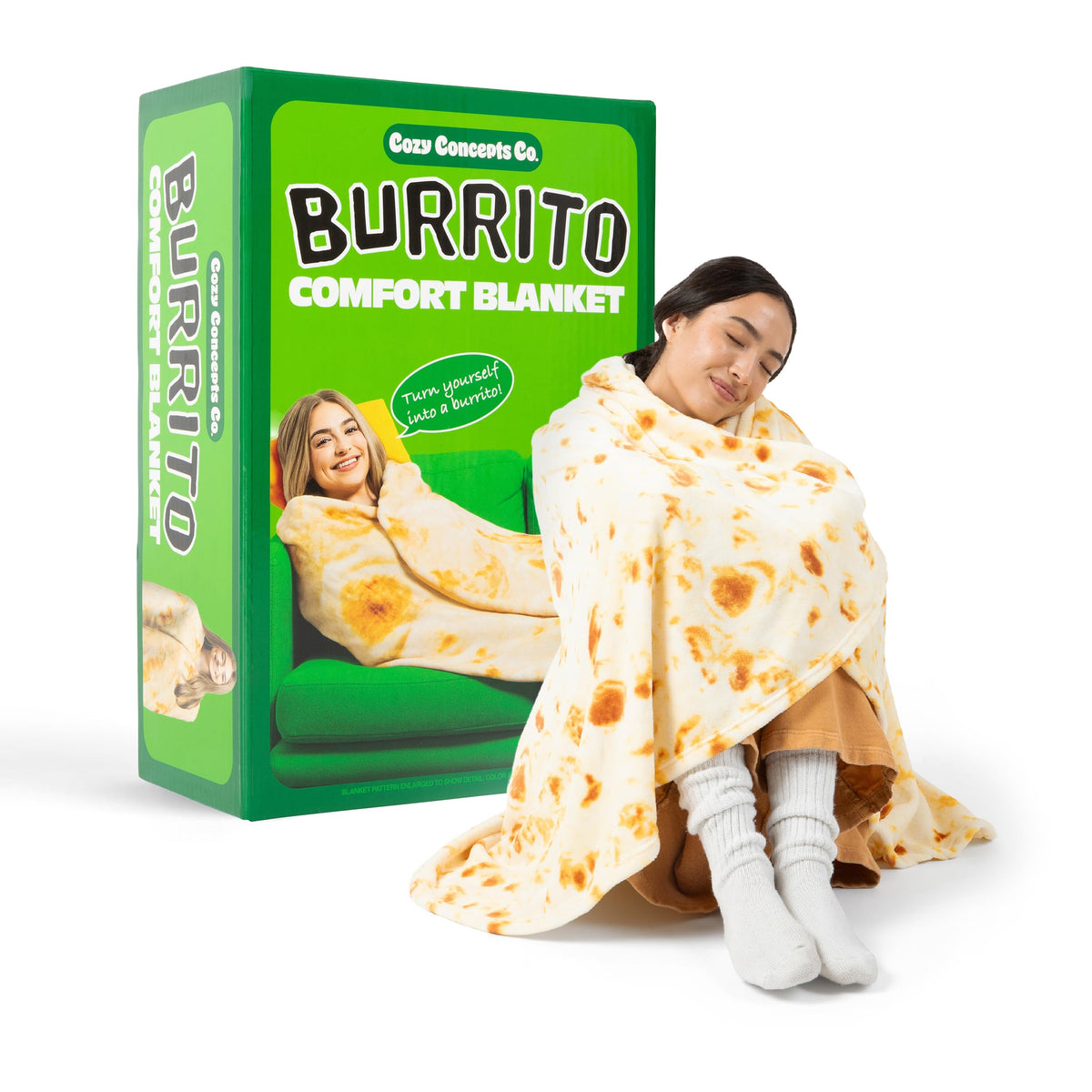 Cozy Concepts Co. Burrito Komfort Tæppe af Relatable, Viral Trend Inspireret, Ligner en Kæmpe Tortilla til at Pakke Dig Selv Ind som en Burrito, Fantastiske Påskegaver til Teenagere, Stor Størrelse 65” Tæppe