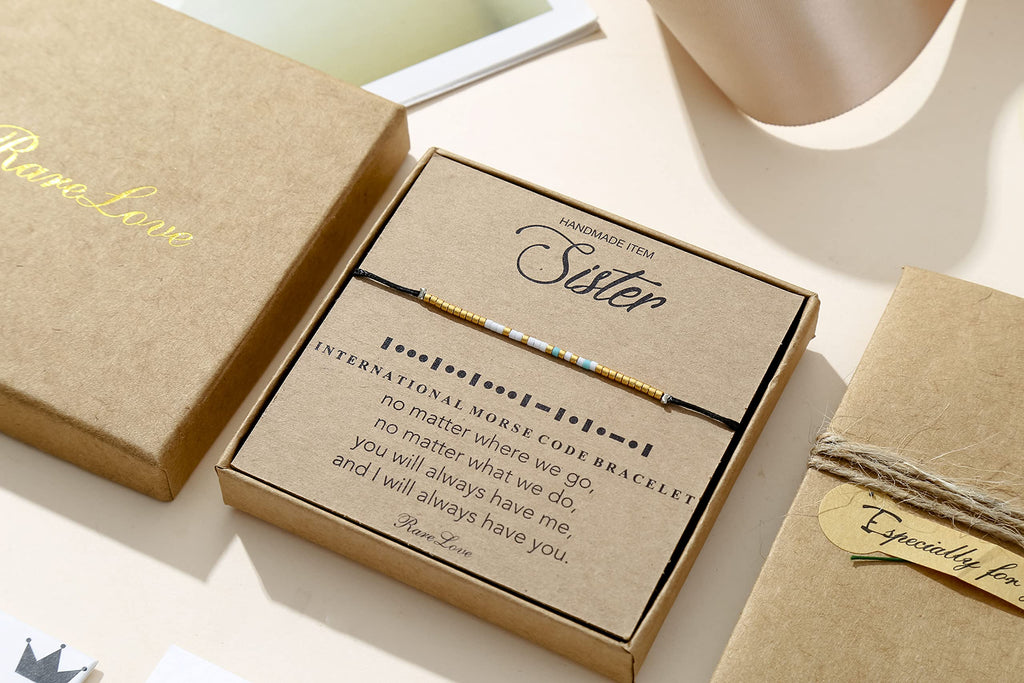 RareLove Søster Morsekode Perlearmbånd Søster Fødselsdagsgaver fra Søster Langdistance Venskab Julegaver Vandtæt Guld Blå Hvid Lille Pony Frøperler Sort Snor