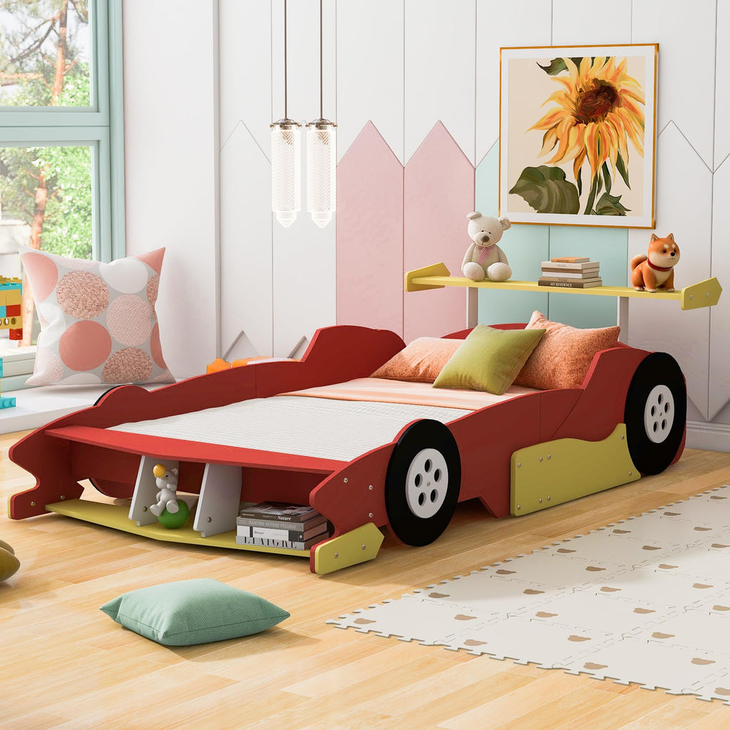 Bellemave Full Size Race Car Bed for Kids,Wood Car-Shaped Platform Bed with Storage Shelves,Car Bed Full with Wheels for Boys,Girls,(Full,Red)
